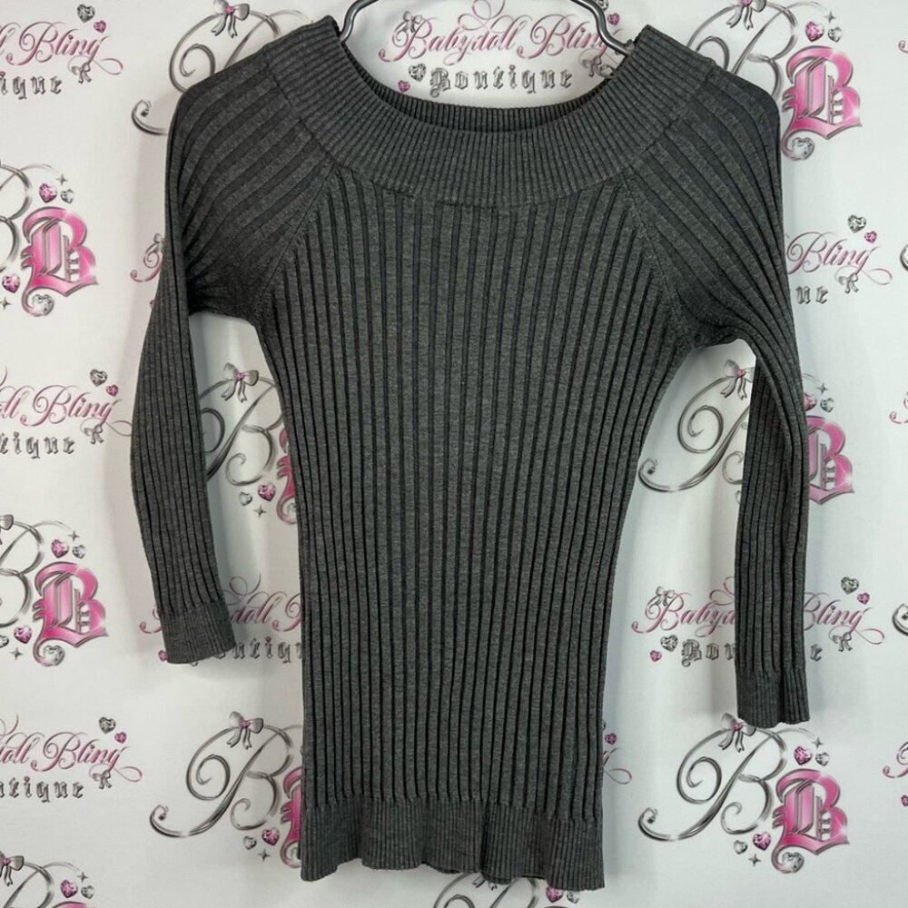 Le Chateau long sleeve ribbed stretchy Charcoal Ribbed Crew Neck Sweater
